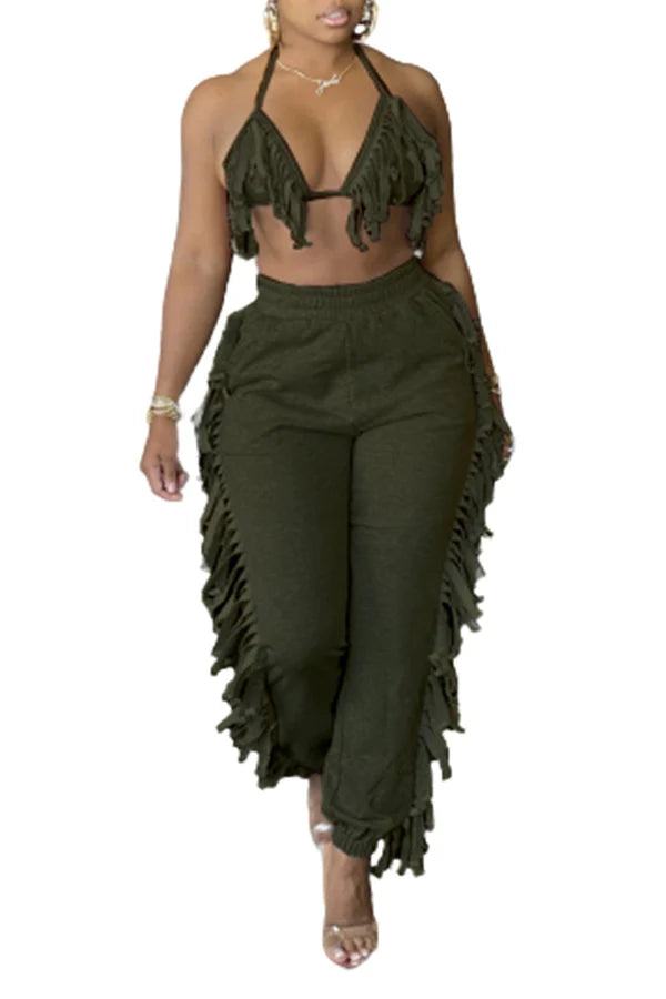 ringe Halter Top and Jogger Pants Two-Piece Set