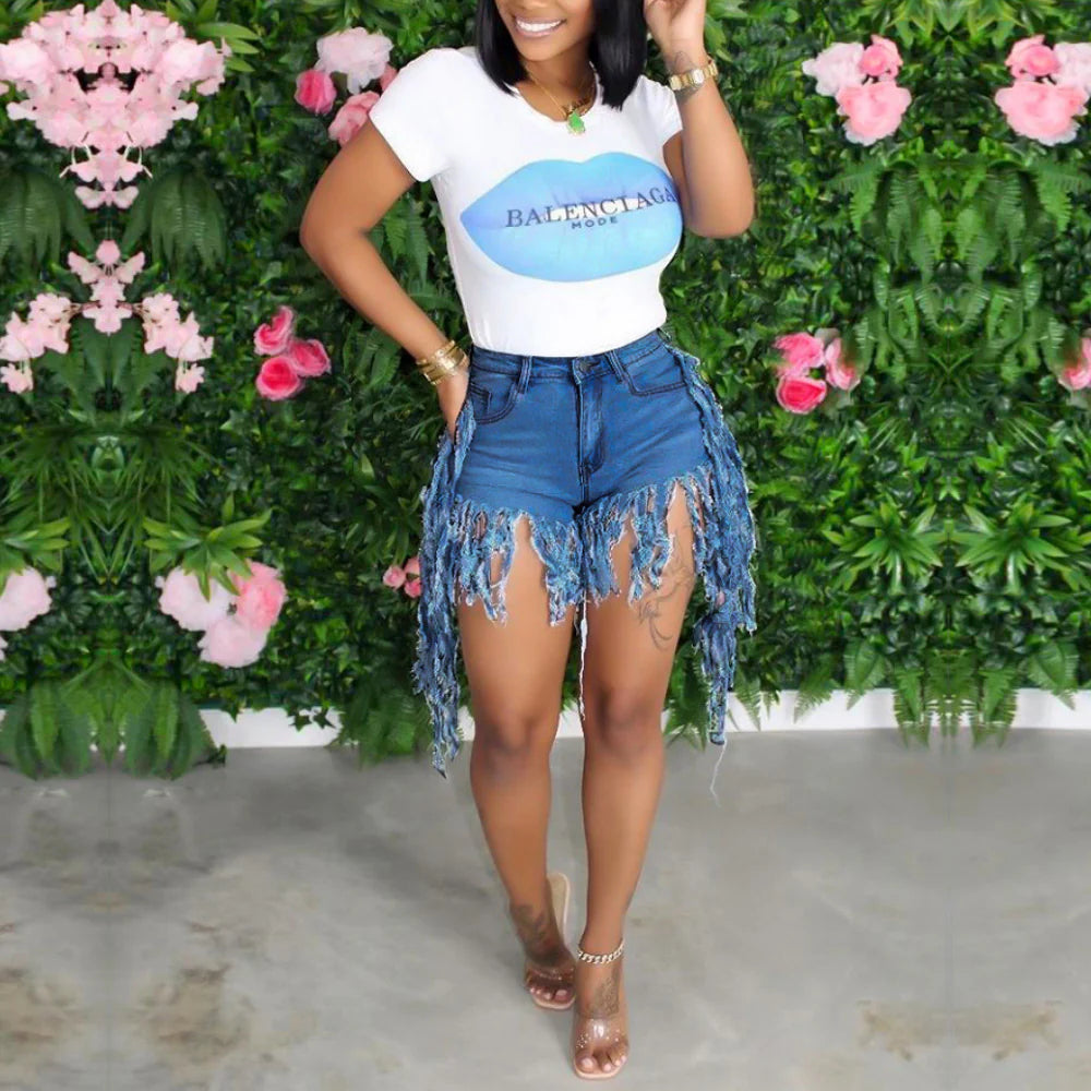 High-Waist Fringe Distressed Denim Shorts