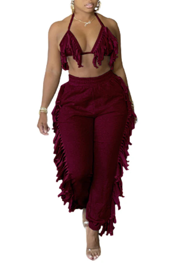 ringe Halter Top and Jogger Pants Two-Piece Set