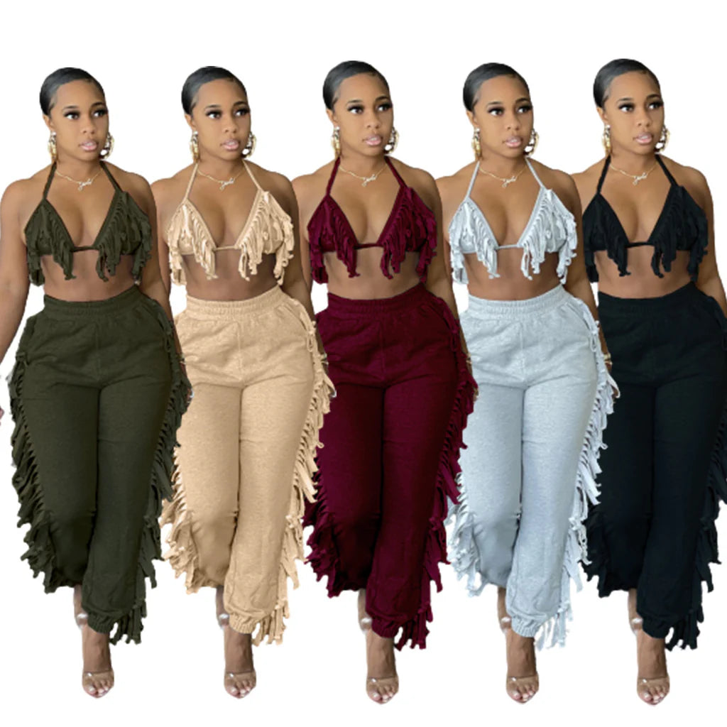 ringe Halter Top and Jogger Pants Two-Piece Set