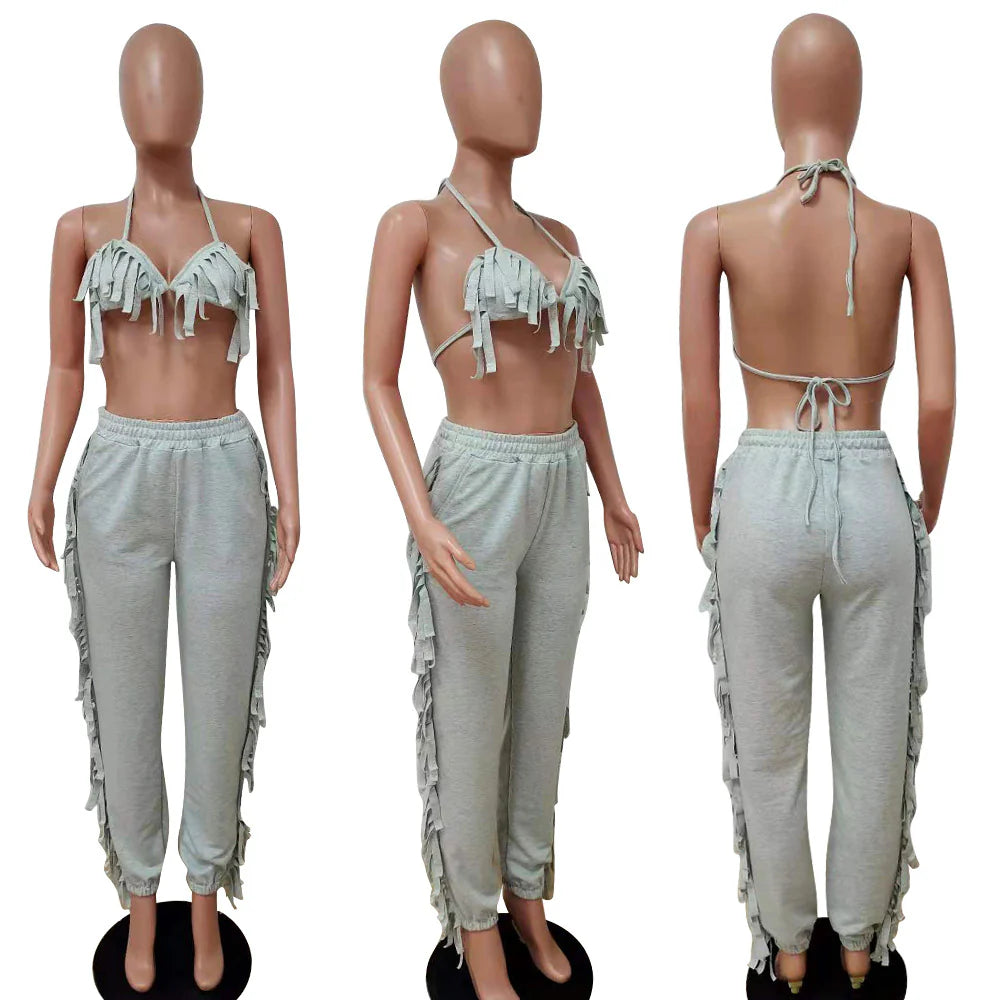 ringe Halter Top and Jogger Pants Two-Piece Set