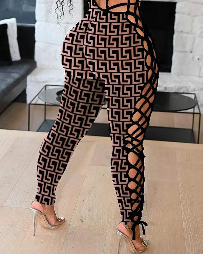 Geometric Print Lace Up Long Sleeve Jumpsuit