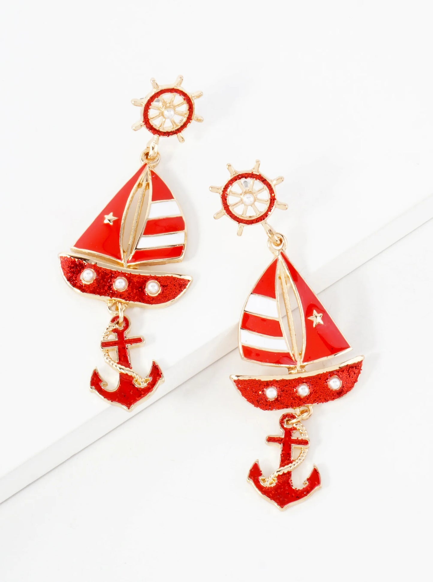 Nautical-Theme Pearl Beaded Anchor Boat Drop Wheel Post Statement Earrings