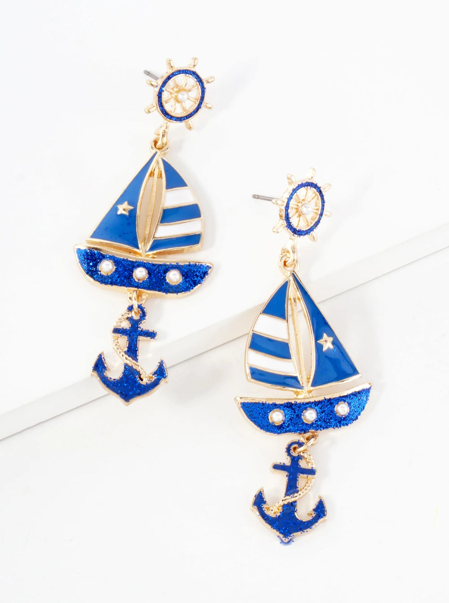 Nautical-Theme Pearl Beaded Anchor Boat Drop Wheel Post Statement Earrings