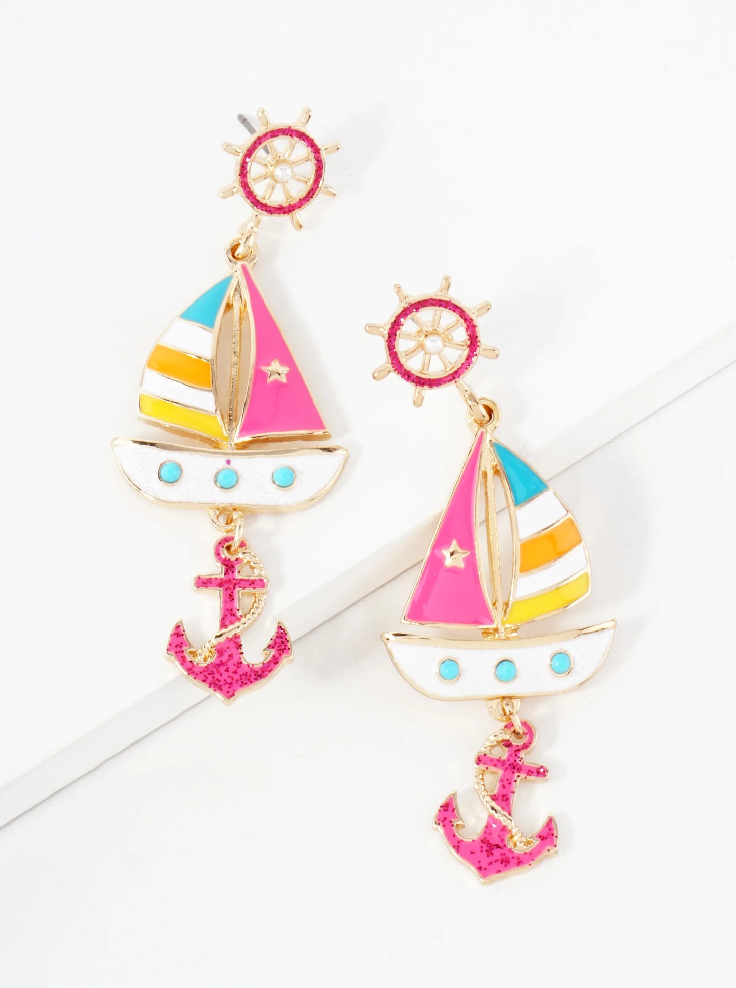 Nautical-Theme Pearl Beaded Anchor Boat Drop Wheel Post Statement Earrings