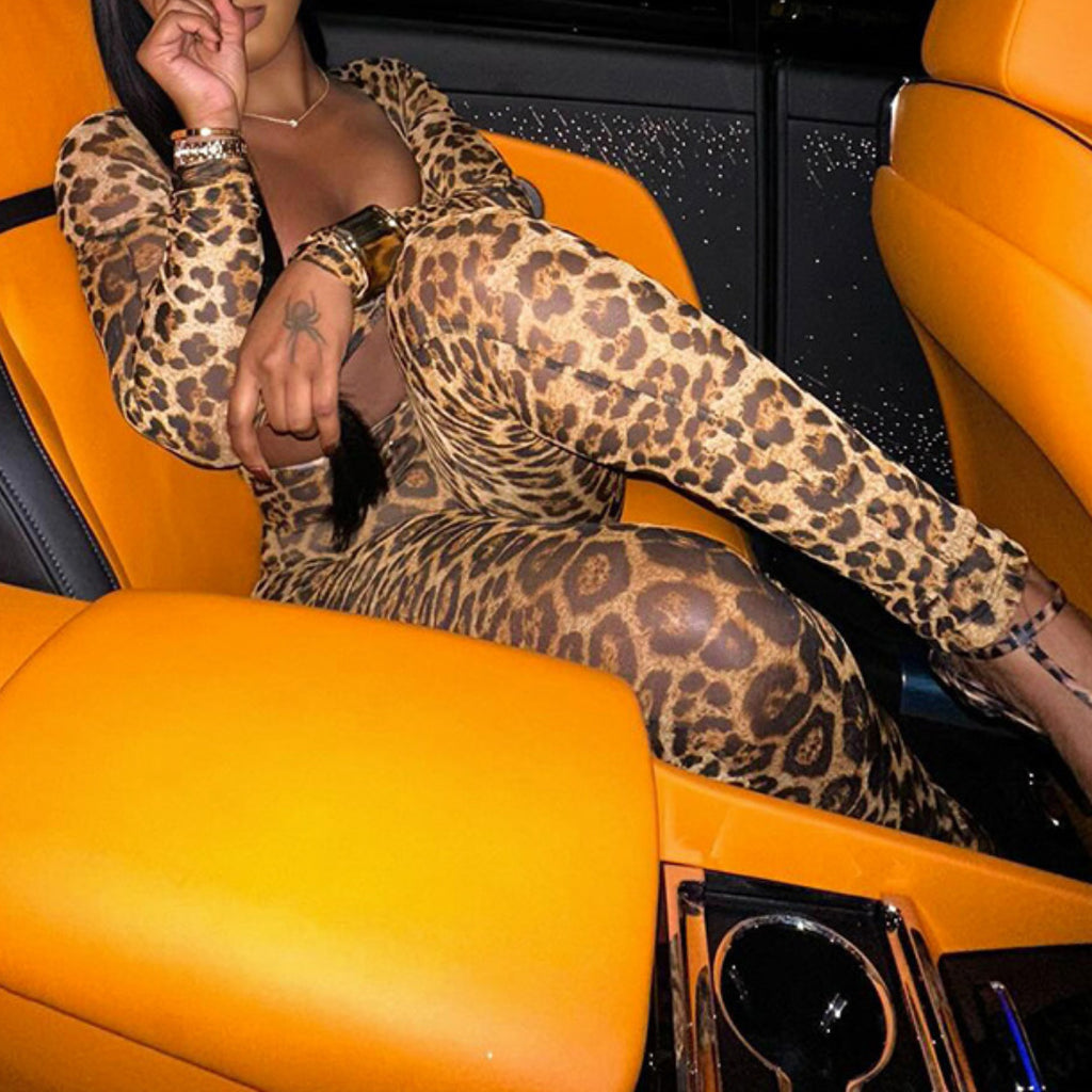 Leopard Print Cutout Long Sleeve Jumpsuit
