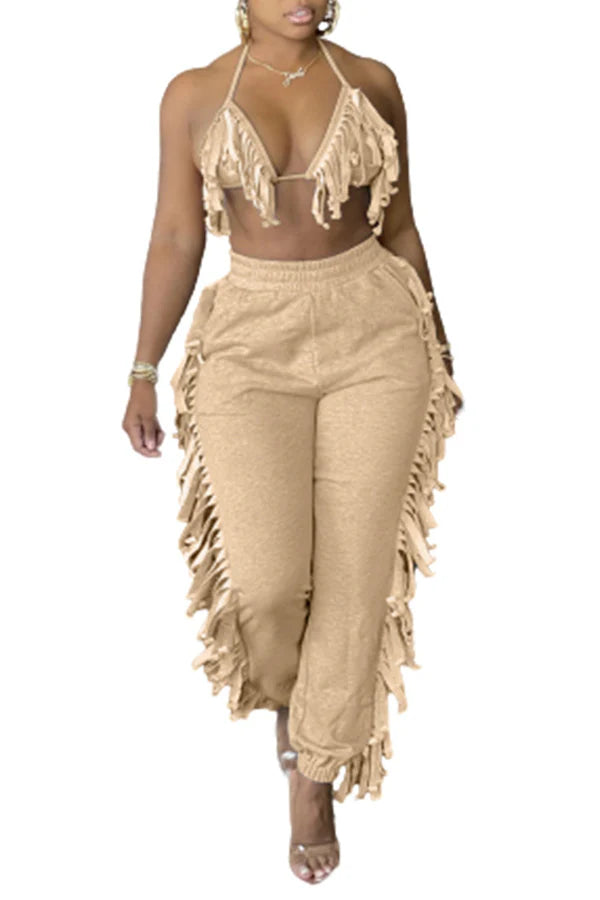 ringe Halter Top and Jogger Pants Two-Piece Set