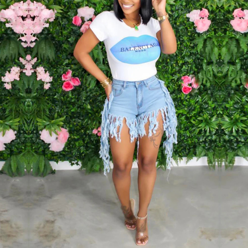 High-Waist Fringe Distressed Denim Shorts
