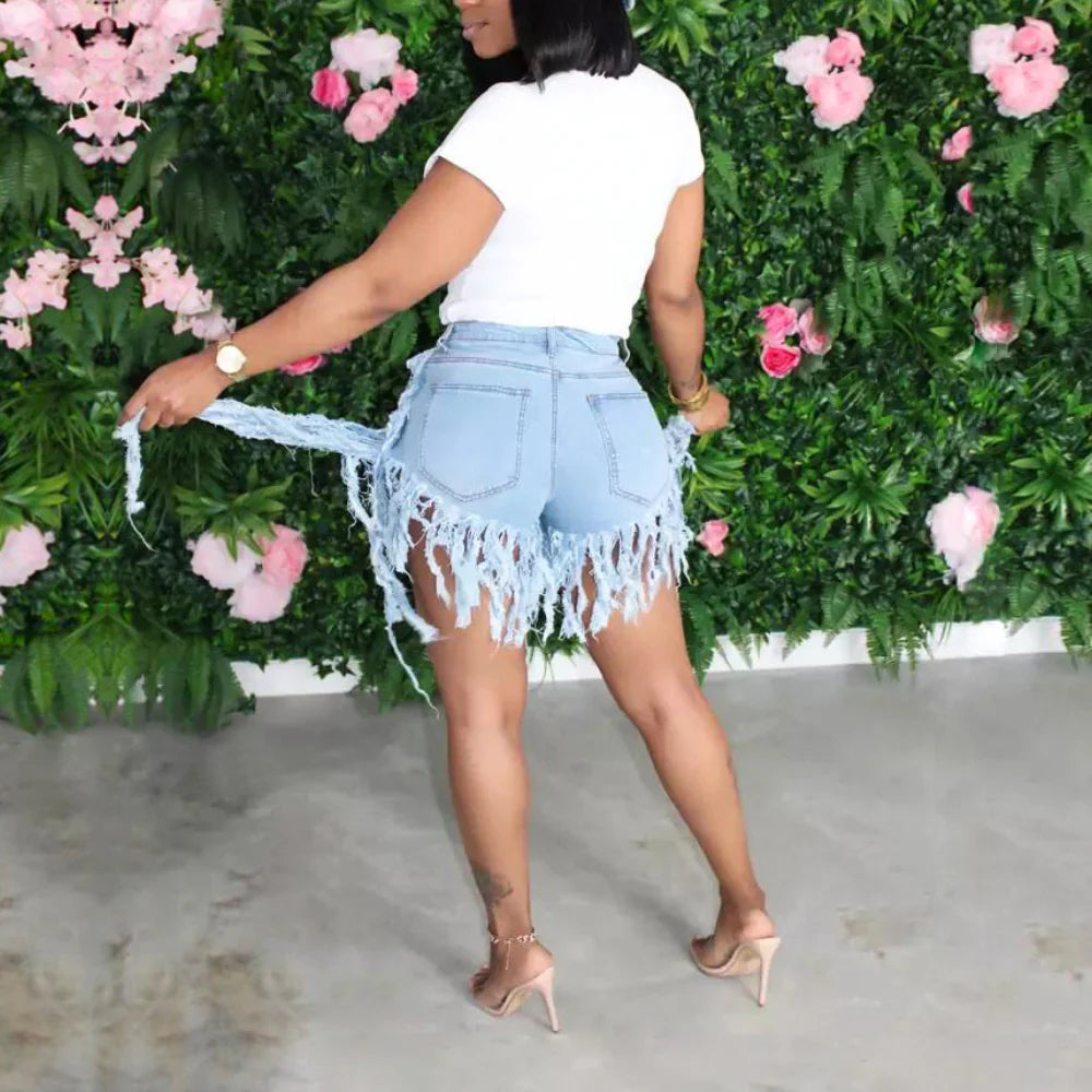 High-Waist Fringe Distressed Denim Shorts