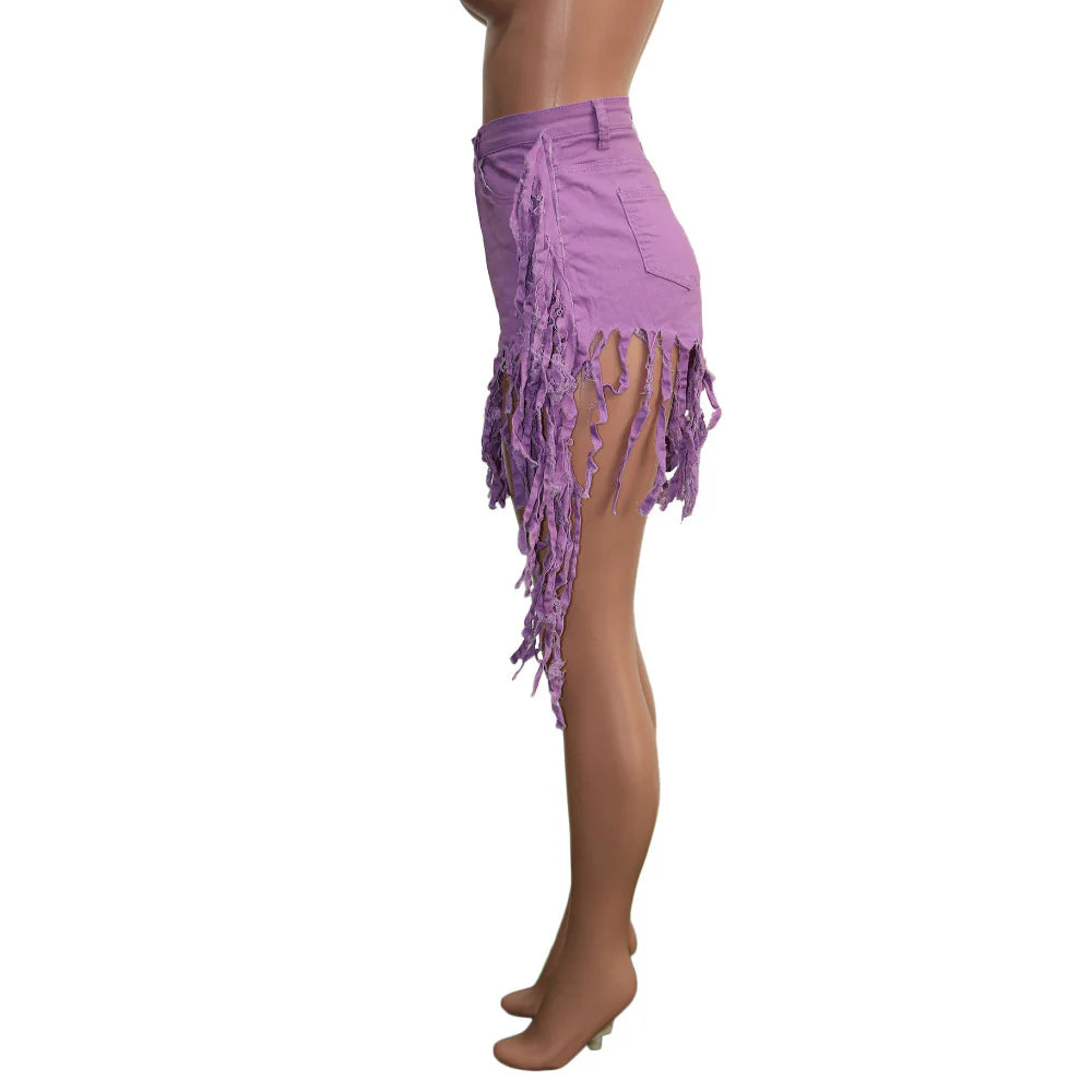 High-Waist Fringe Distressed Denim Shorts