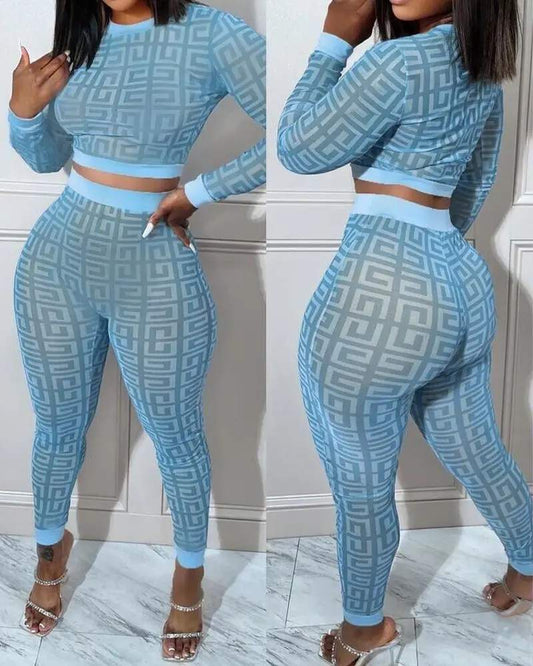 Geometric Print Long Sleeve Crop Set