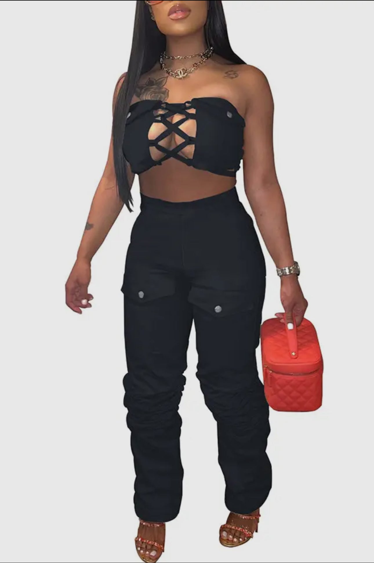 Strapless Top Lace-Up Front & Cargo Pants Set**