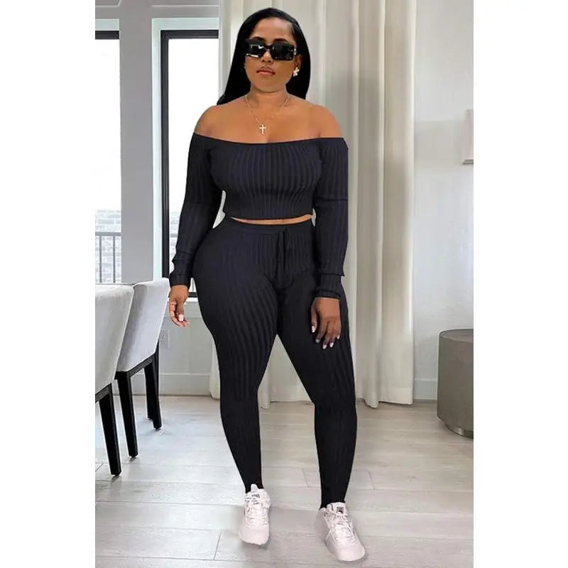 Knit Off Shoulder Crop Top Legging 2pcs