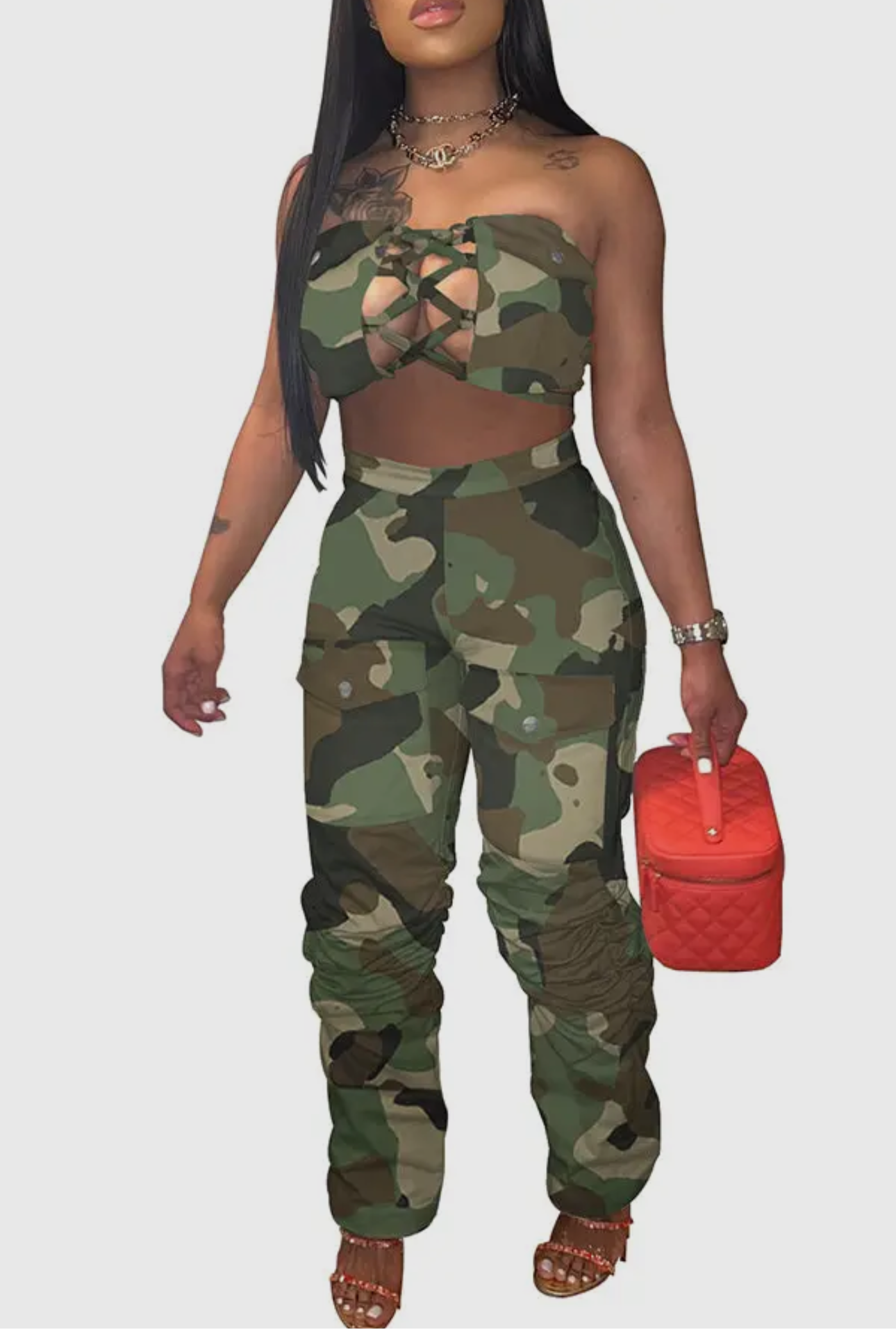 Strapless Top Lace-Up Front & Cargo Pants Set**