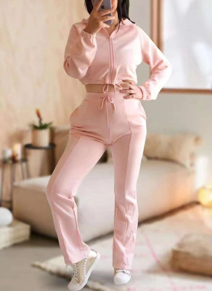 Plain Zipper Design Coat Drawstring Pants Set