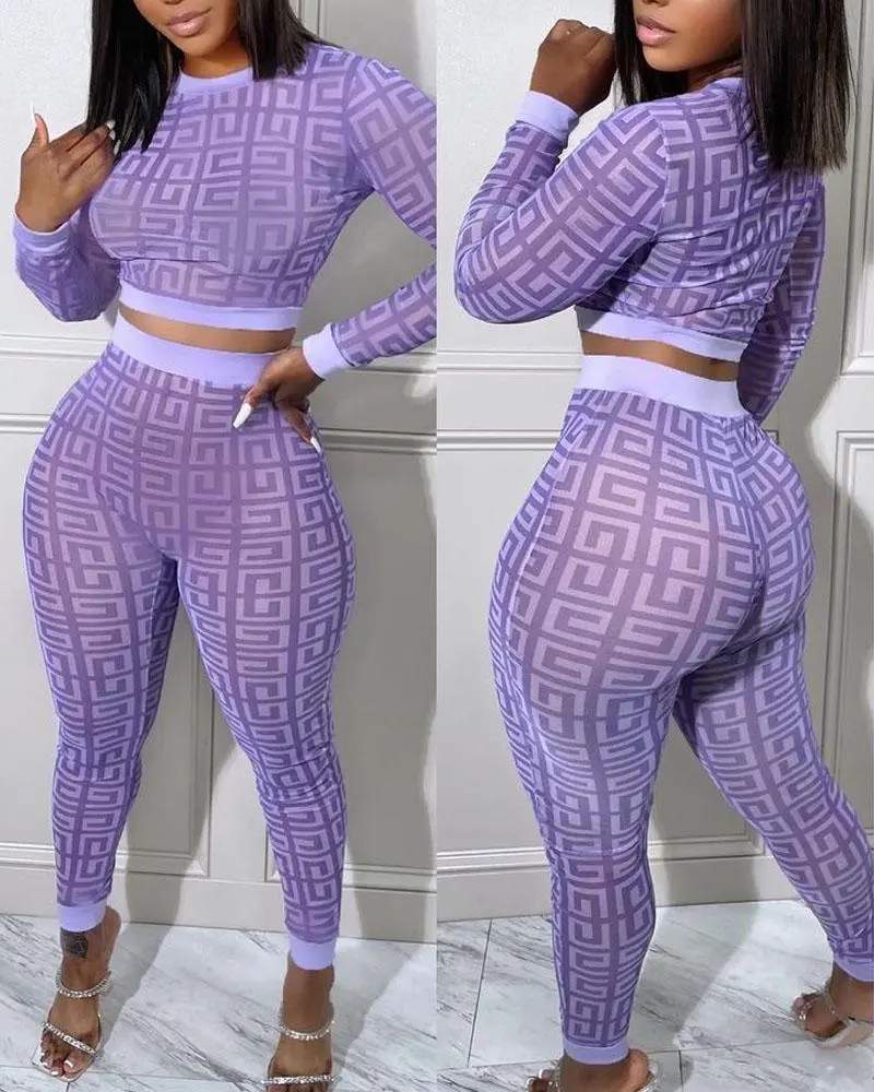 Geometric Print Long Sleeve Crop Set