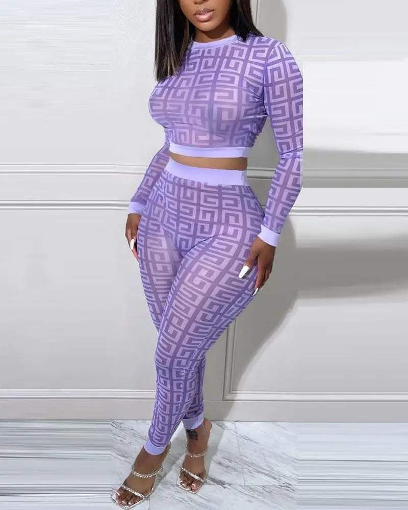 Geometric Print Long Sleeve Crop Set