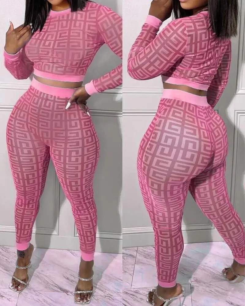 Geometric Print Long Sleeve Crop Set