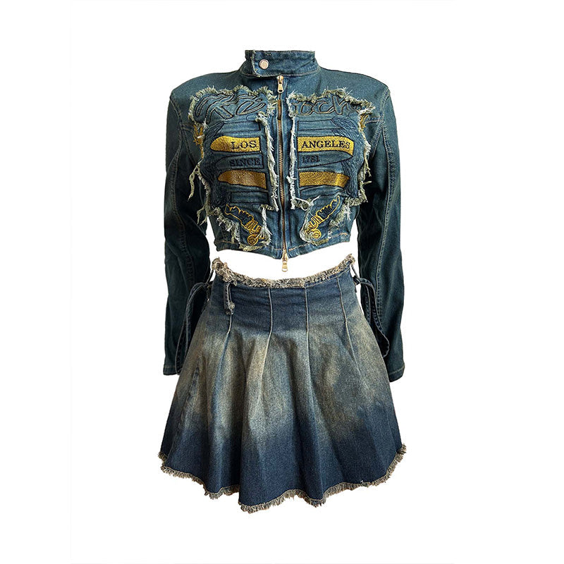 Distressed Denim Crop Jacket and Pleated Mini Skirt Set