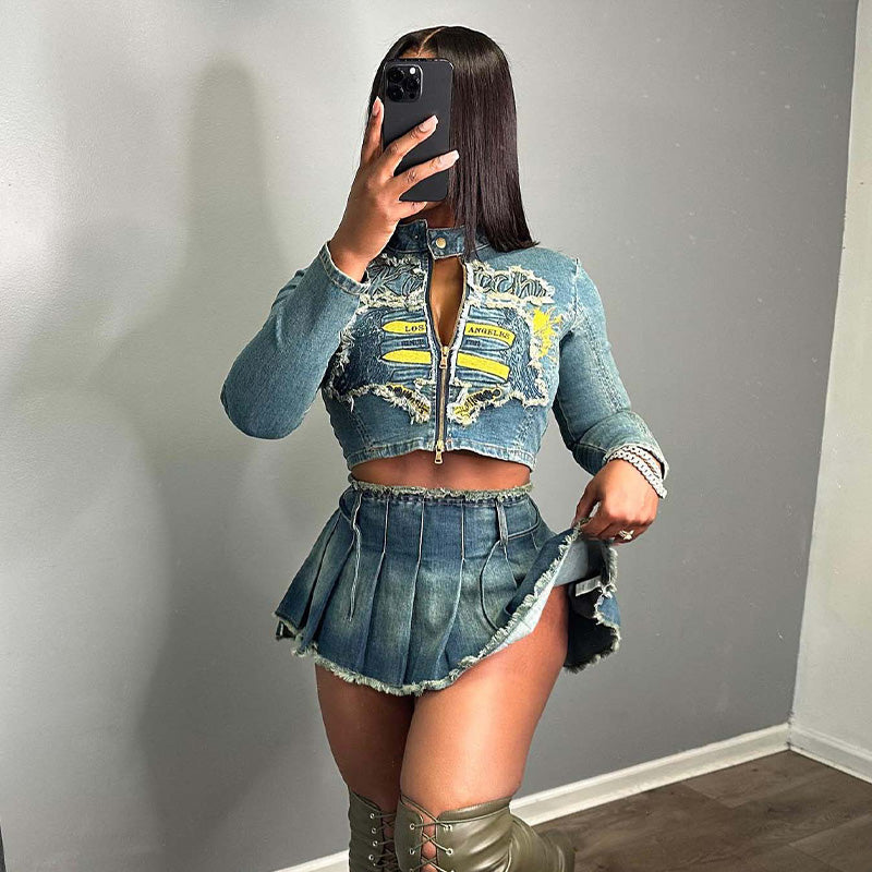 Distressed Denim Crop Jacket and Pleated Mini Skirt Set