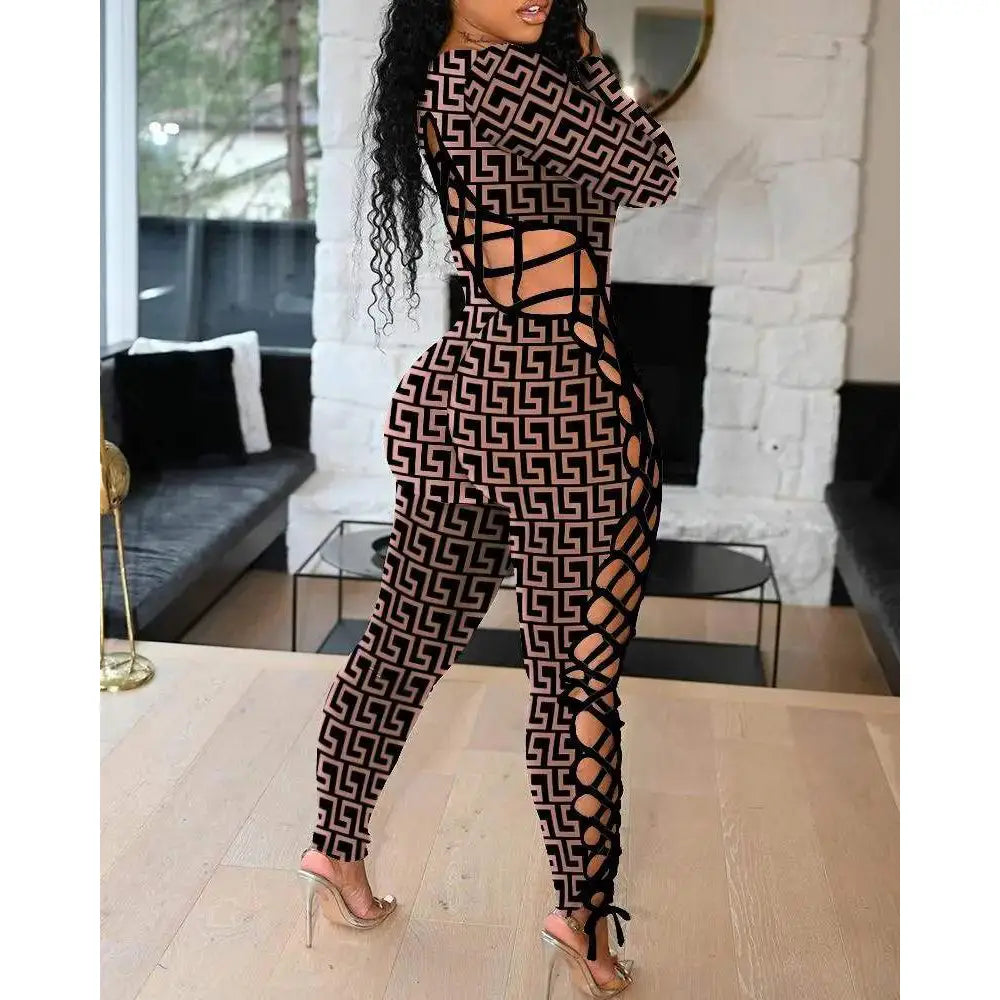 Geometric Print Lace Up Long Sleeve Jumpsuit