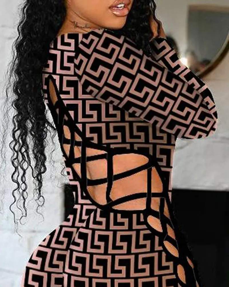 Geometric Print Lace Up Long Sleeve Jumpsuit