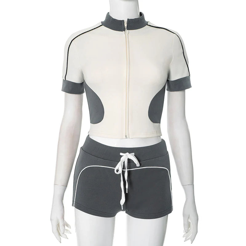 Sporty Zip-Up Crop Top and Drawstring Shorts Set