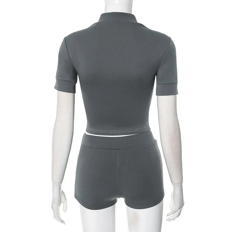 Sporty Zip-Up Crop Top and Drawstring Shorts Set