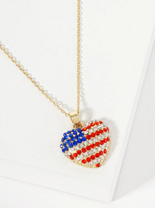 Patriotic-Theme Crystal-Pave 15mm Heart Pendant Necklace