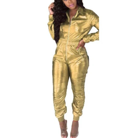 Shiny Metallic Long-Sleeve Zip-Up Jumpsuit with Elastic Waist