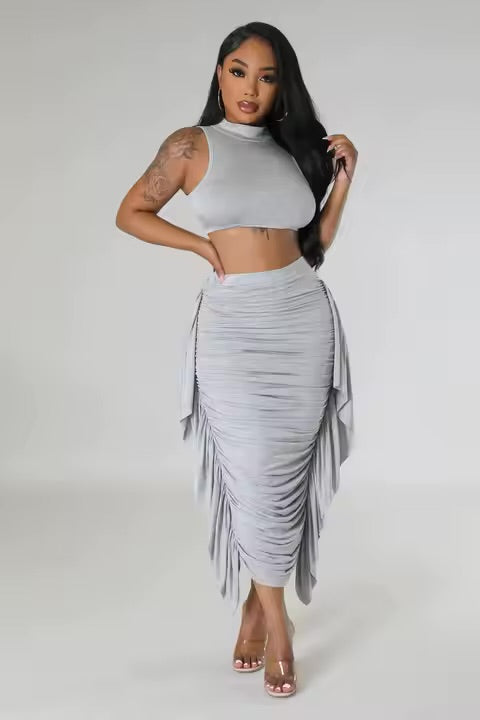 Sleeveless Crop Top Stacked Fringe Skirts set