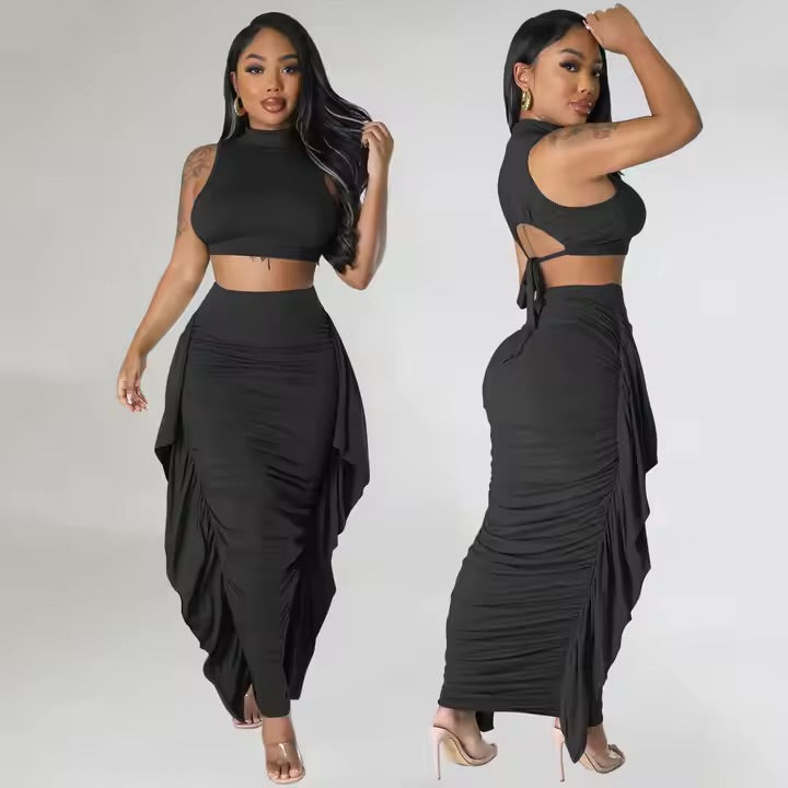 Sleeveless Crop Top Stacked Fringe Skirts set