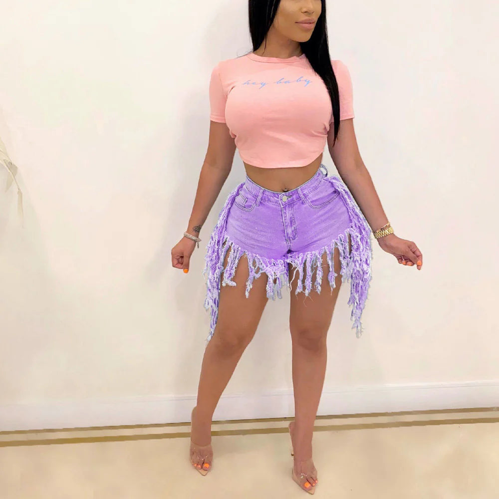 High-Waist Fringe Distressed Denim Shorts