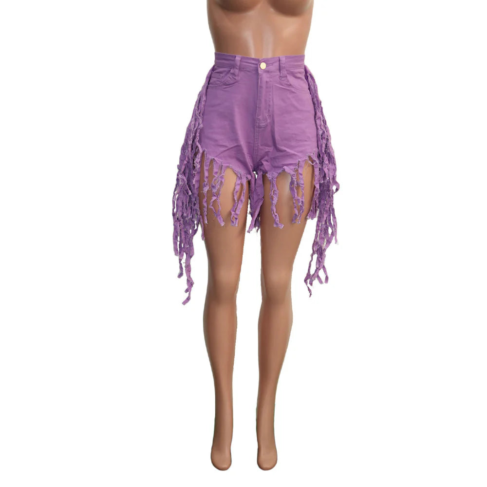High-Waist Fringe Distressed Denim Shorts