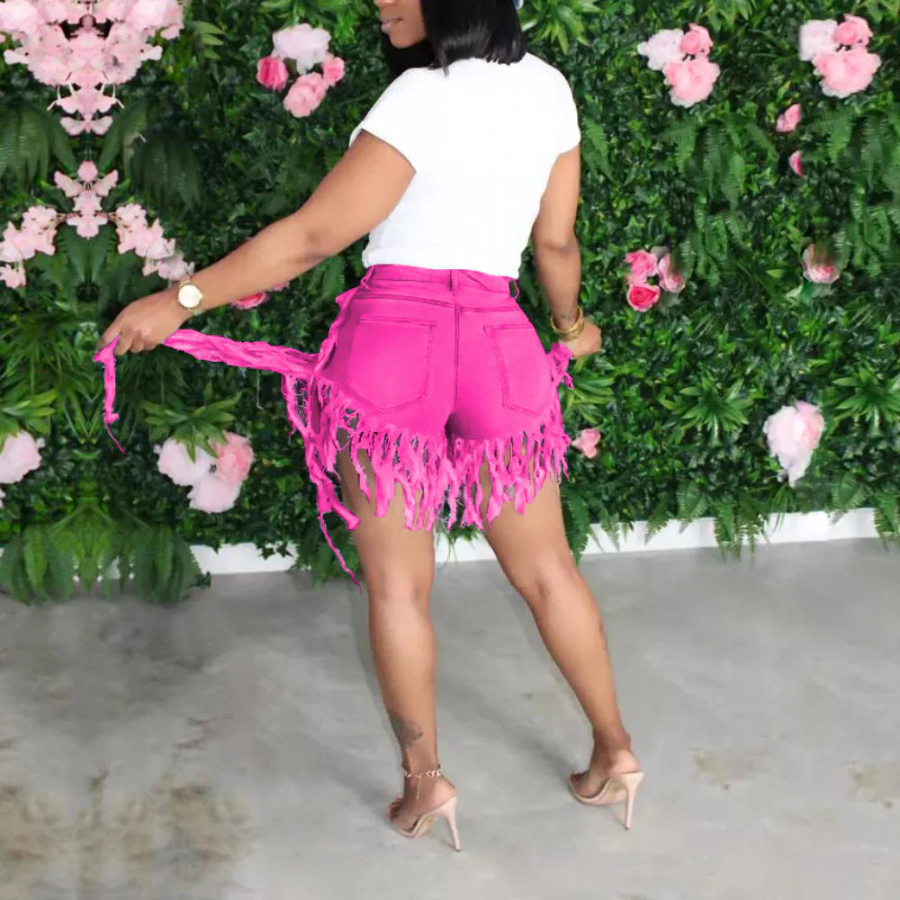 High-Waist Fringe Distressed Denim Shorts