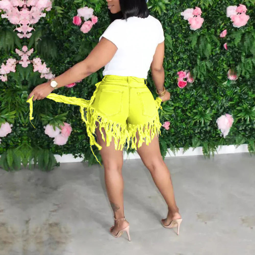 High-Waist Fringe Distressed Denim Shorts